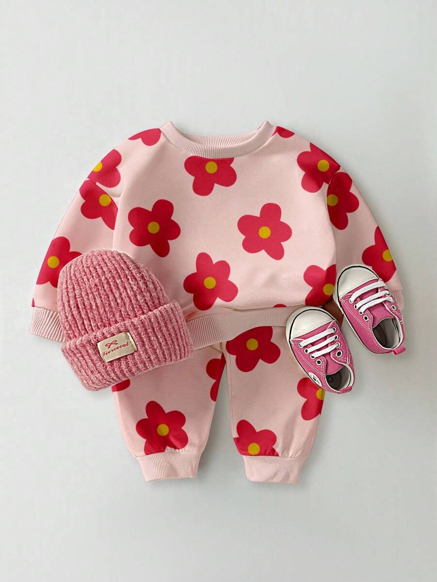 SHEIN Playful Pals 2 件套女婴休闲时尚可爱甜美花卉全印花粉色圆领运动衫和运动裤套装，秋冬 - 彩色 - 查看 1
