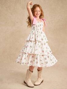 Vestido con estampado floral para niña preadolescente con tirantes de lazo desmontables, elegante para primavera/verano - Beis - Ver 4