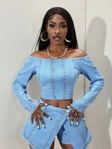 Slaydiva 女式露肩长袖钢柱印花短款修身牛仔上衣 - 藍色 - 查看 2