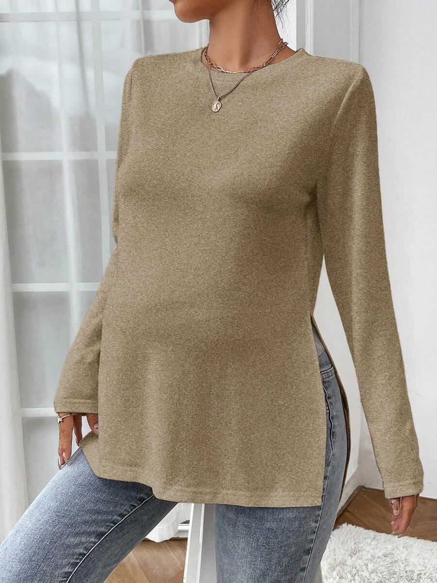 SHEIN Maglietta casual da maternità con spacco laterale, colore tinta unita, top da donna a maniche lunghe per primavera/autunno, colore marrone chiaro, top lungo marrone a maniche lunghe