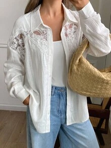DAZY Women's Casual Loose Contrast Lace Long Sleeve Turndown Collar Blouse, Suitable For Spring And Autumn - White - View 4