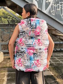 Coolane 女士冬季/秋季街头服饰外出 Y2K 温暖舒适比赛日朋克涂鸦印花背心加厚外套、羽绒背心 - 彩色 - 查看 4