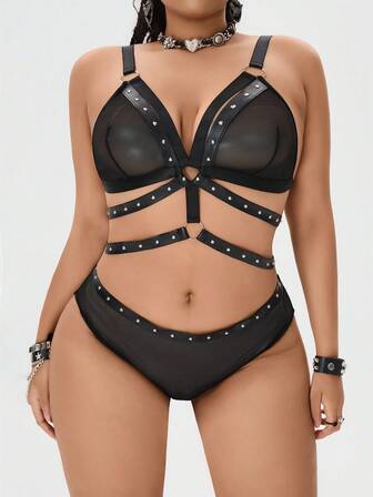 Grunge Punk Conjunto de lencería sexy de sujetador de triángulo de malla y pantie de talla grande estilo punk oscuro