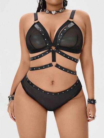 Grunge Punk Set di lingerie sexy con reggiseno a triangolo in rete e slip, stile punk scuro, taglie comode