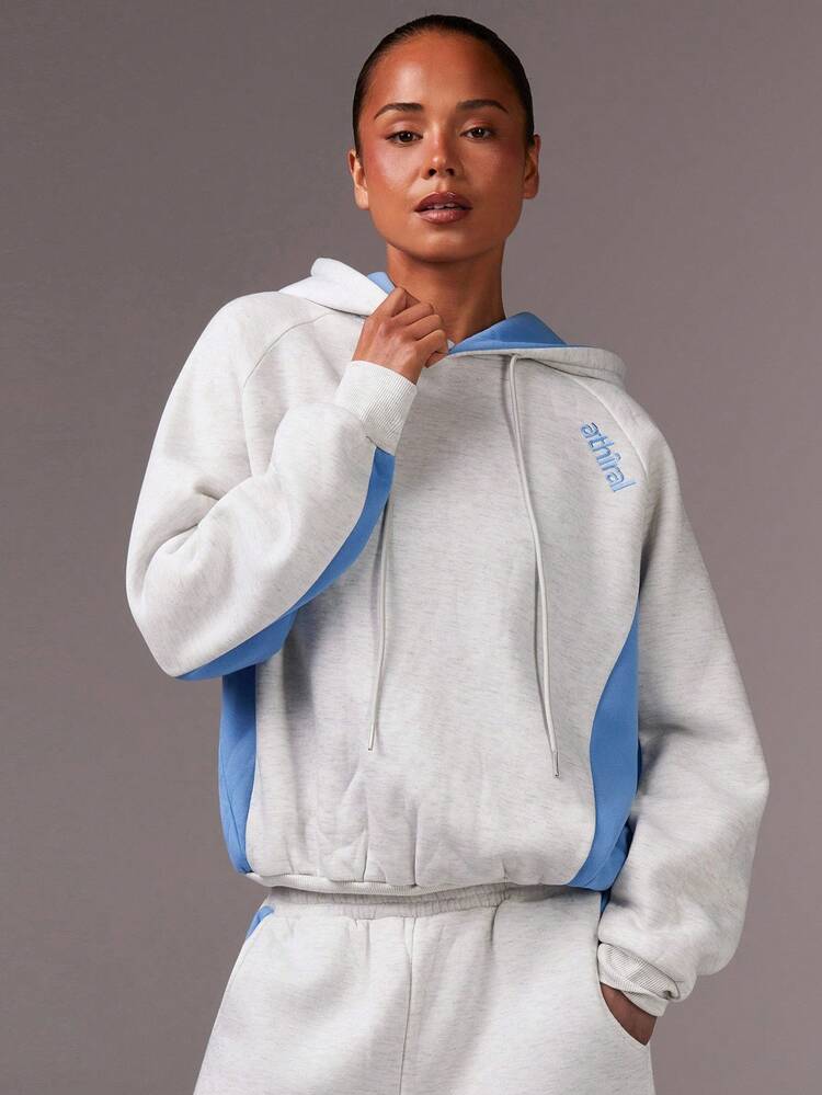 Athîral 女士休闲运动连帽衫，饰有字母刺绣，撞色插肩袖，抽绳设计，保暖内衬，秋冬季女士运动套装，休闲运动服，女士短款连帽衫，秋季款 - 彩色 - 查看 7