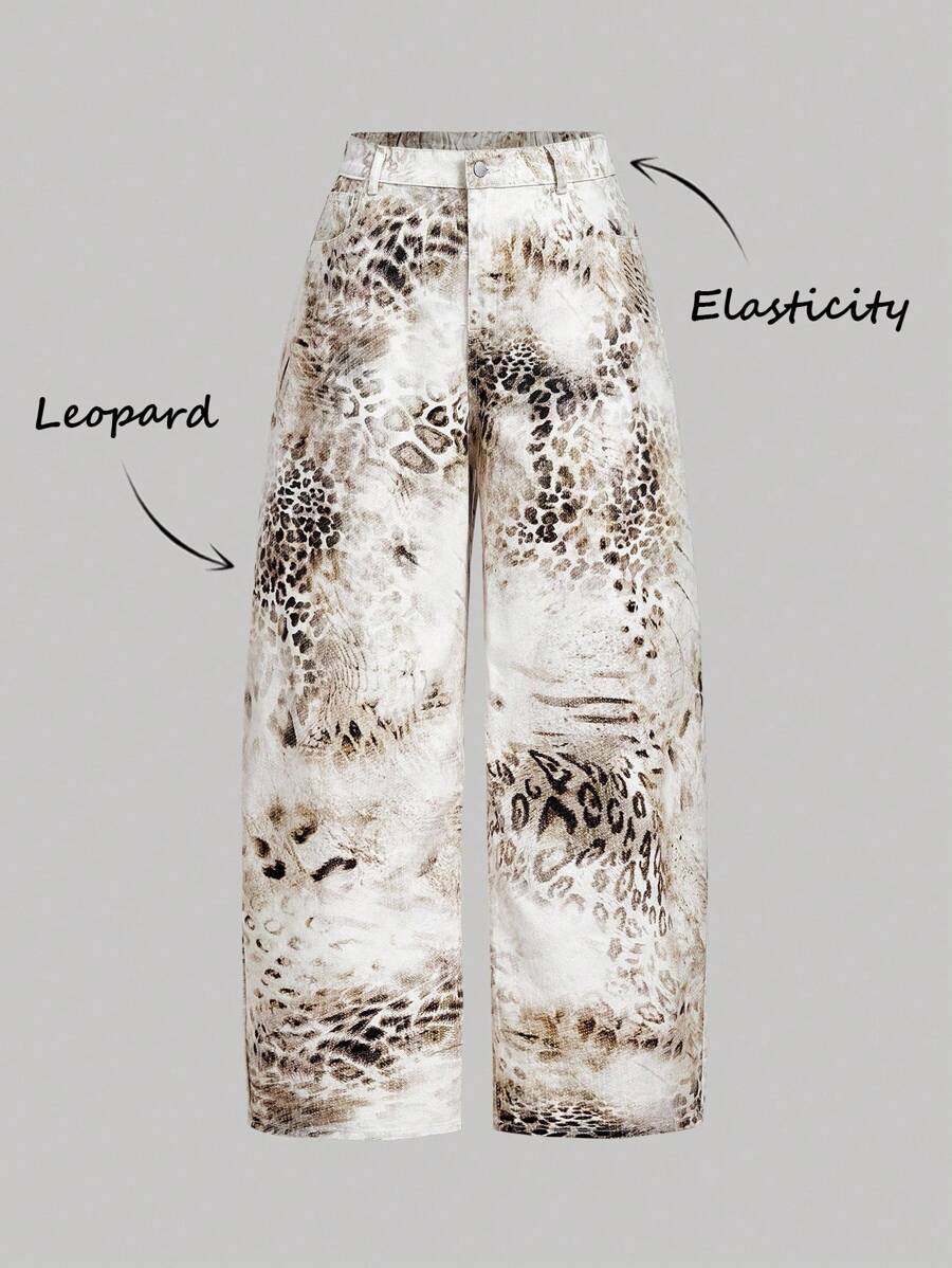 SHEIN MOD Plus Size Women Leopard Print Pocket Loose Wide Leg Casual Jeans Leopard Print Pants Animal Print Pants Printed Pants Leopard Pants Animal Print Trousers,Fall Clothes For Women,Halloween Clothes,Goth Pants,Fall Clothes Plus Size,Leopard Print Jeans,Wide Leg Pants Woman,Halloween Plus Size,Wide Leg Jeans,Animal Print Pants - White - View 1