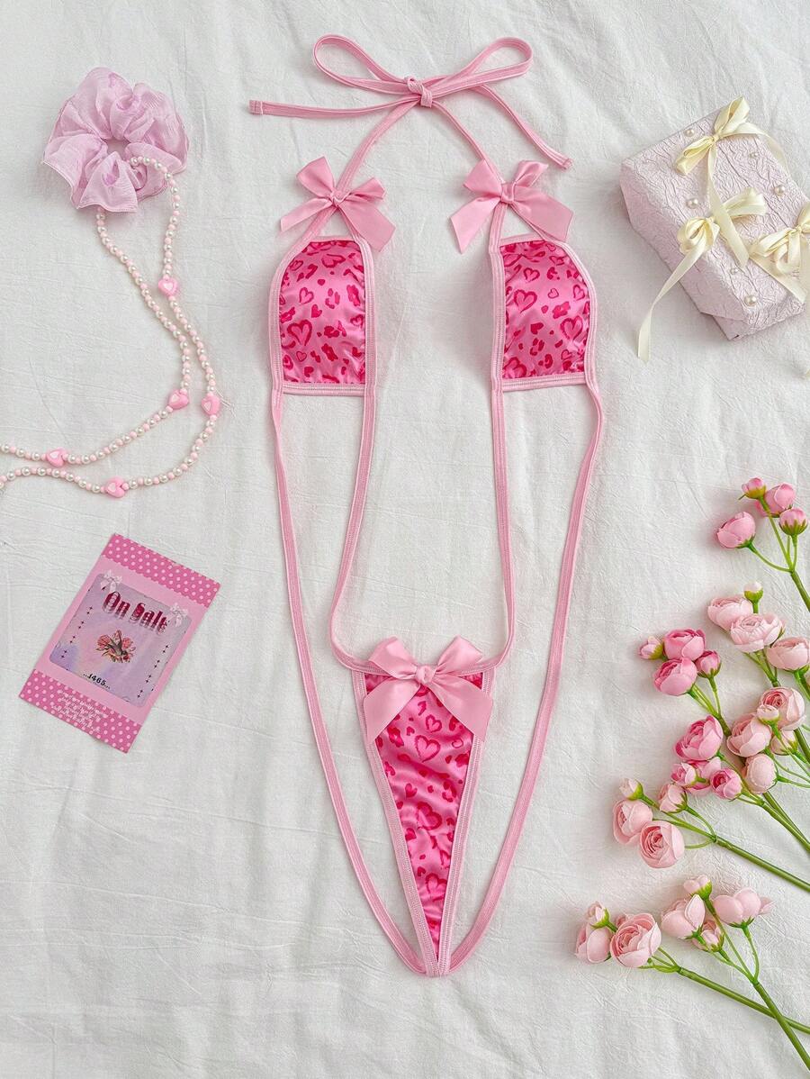 PetitDoll 大码性感内衣紧身衣，缎面面料，豹纹，蝴蝶结装饰，可爱狂野的设计 - 粉色 - 查看 1