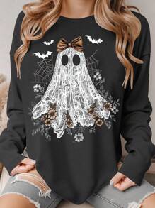 EMERY ROSE Áo sơ mi dài tay ren ma Halloween, Áo phông Halloween cổ tròn nơ ma, Áo nỉ dài tay họa tiết hoa mùa thu kỳ lạ, Người đam mê ma dễ thương - màu đen - Xem 1