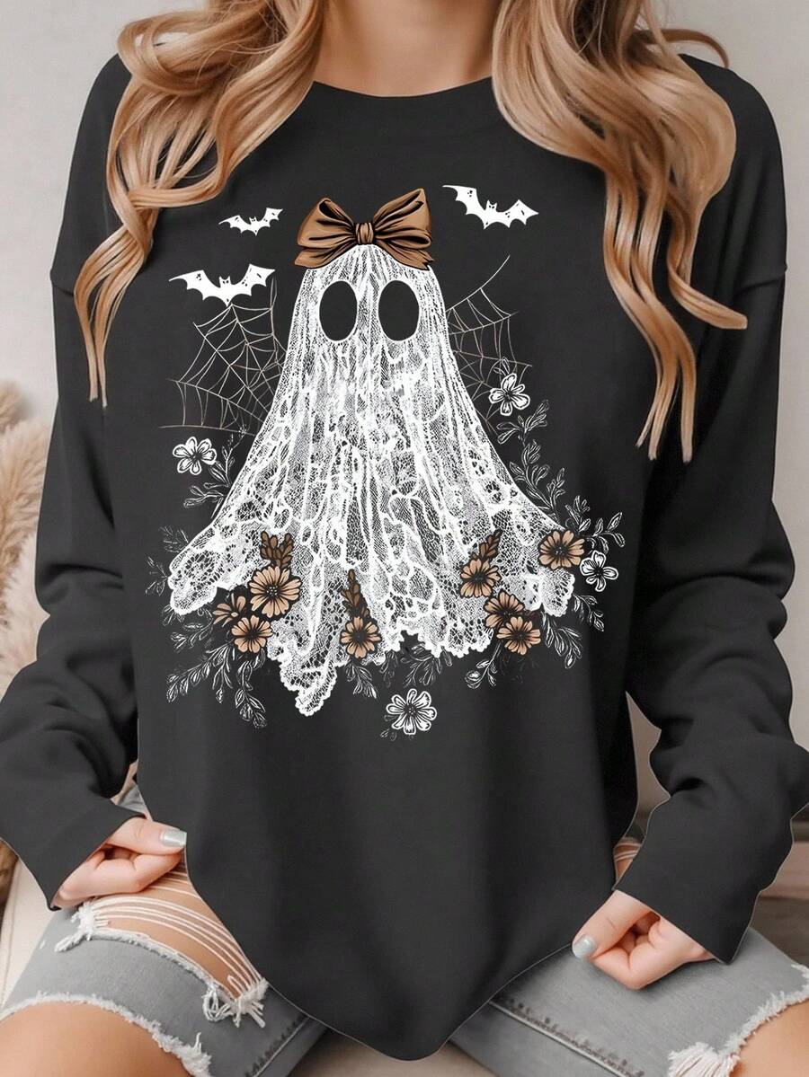 EMERY ROSE Áo sơ mi dài tay ren ma Halloween, Áo phông Halloween cổ tròn nơ ma, Áo nỉ dài tay họa tiết hoa mùa thu kỳ lạ, Người đam mê ma dễ thương - màu đen - Xem 1