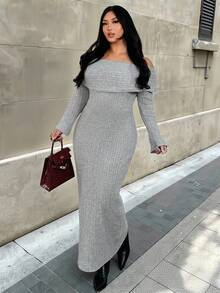 Firerie Vestido de suéter de manga larga con hombros descubiertos y unicolor para tallas grandes - Gris - Ver 5
