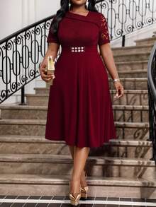 Fleurora Váy midi ren trơn màu thanh lịch dự tiệc cỡ lớn cho nữ Váy lễ Phục sinh Váy tốt nghiệp cho nữ Váy dự tiệc cưới - Màu Đỏ Sâu - Xem 6