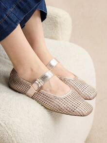 Rosivie 女士时尚杏色编织镂空平底鞋 - 金色 - 查看 7