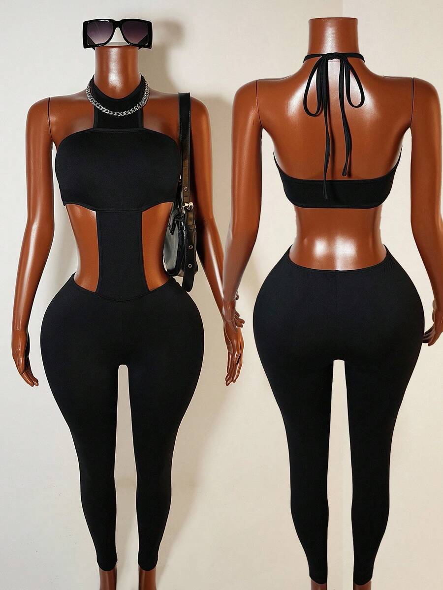 Mistrie Women's Sexy Backless Halter Neck Bodycon Jumpsuit, Summer - Black - View 1