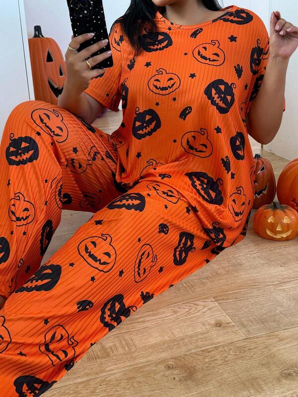 Conjunto de pijama de talla grande con estampado de calabaza y manga corta