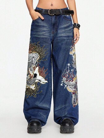 Grunge Punk Vintage Japanese Ukiyo-E Dragon & Tiger Embroidery Low Waist Loose Straight Leg Jeans
