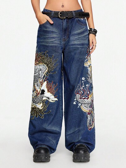 Grunge Punk Vintage Japanese Ukiyo-E Dragon & Tiger Embroidery Low Waist Loose Straight Leg Jeans