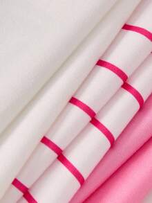 SHEIN 3 件青少年女孩时尚运动字母和数字印花长袖 T 恤（粉色白色条纹、白色、粉色），常规厚度，休闲，秋季