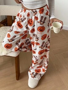 Aloruh Quần ống rộng thường ngày in họa tiết Halloween dành cho nữ - Nhiều màu - Xem 7