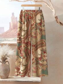 Lacomfia 大码女式复古佩斯利花卉数码印花图案休闲宽松圆领上衣和裤子 2 件套 - 彩色 - 查看 4