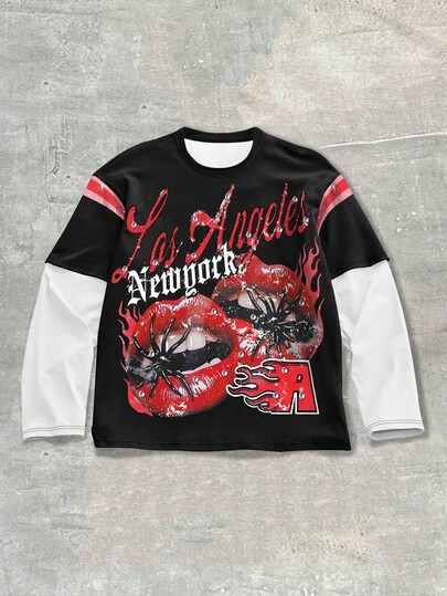 Prep قميص كاجوال بياقة مستديرة بطبعات حرف وشفاه، أكمام طويلة 2 في 1، موسم الخريف للرجال