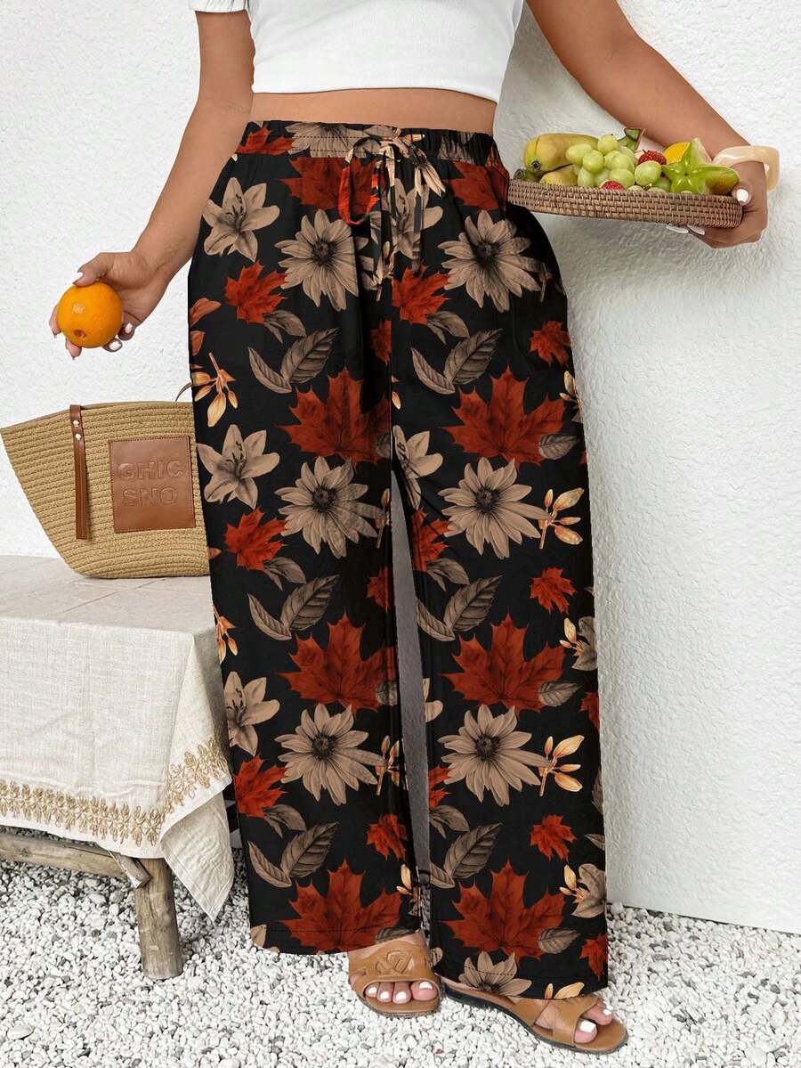 SHEIN Frenchy 大码女装，新款春夏商务休闲女装，沙滩装，情人节时尚，时尚通勤，优雅复古秋叶图案阔腿裤带口袋 - 彩色 - 查看 1