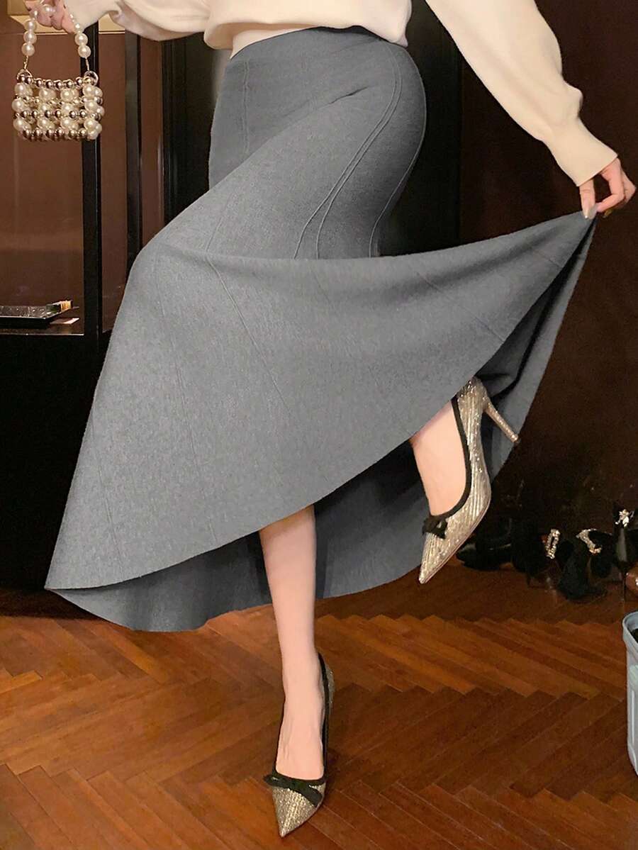 DAZY 女士优雅纯色美人鱼下摆毛衣半身裙，秋冬女装半身裙 - 灰色 - 查看 1