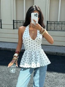 Siren Gaze 时尚性感圆点印花露背吊带上衣 - 白色 - 查看 4