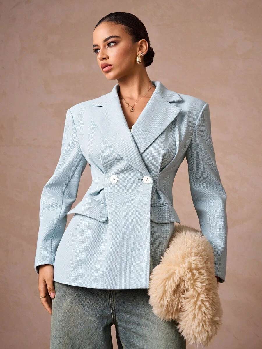 Lumalex 夸张肩部设计，收腰双排扣女士西装外套，尽显奢华新年、节日派对、婚礼季风情