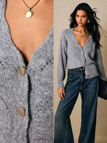 Poéselle Women's Solid Color Arched V-Neck Long Sleeve Single-Breasted Knitted Cardigan In Fall/Winter - Grey - View 1