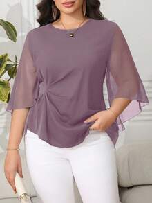 Reflora Plus Size Elegant Commuter Solid Color Bell Sleeve Shirt - Dusty Purple - View 3