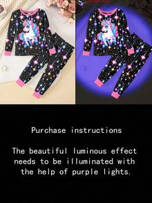 2 件套幼儿女童可爱独角兽印花彩色星星亮灯圆领针织睡衣套装，舒适休闲紧身长袖上衣和裤子，黑色 - 彩色 - 查看 3