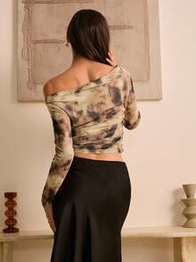 Bluhae Women's Autumn Knitted Elastic Mesh Tie-Dye Print Asymmetric Ruched Off Shoulder/Asymmetrical Shoulder Long Sleeve Casual Sexy T-Shirt Fall Cloth For Women - Multicolor - View 2