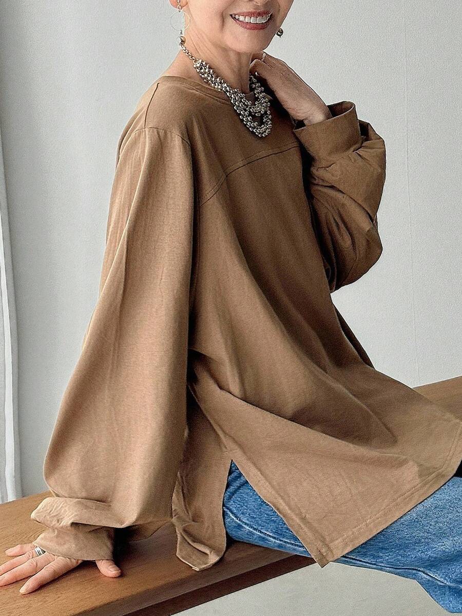 FRIFUL 女式纯色卡其色圆领长袖拼布侧开衩下摆宽松休闲百搭 T 恤，秋季穿着 - 咖啡棕 - 查看 1