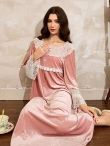 Côtesoire 女士优雅法式撞色蕾丝荷叶边睡裙家居服，秋冬款 - 粉色 - 查看 5