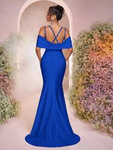 Glamrae 优雅奢华水钻弹力针织露肩美人鱼泳衣，适合婚礼、派对、度假、庆典、正式场合（重型） - 寶藍色 - 查看 2