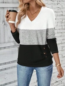 SHEIN LUNE Áo thun nữ dài tay cổ chữ V phối màu, có cúc trang trí, kiểu dáng thường ngày, thích hợp cho mùa xuân và thu. - Nhiều màu - Xem 5