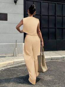 Muchica Bộ 2 món/Bộ đồ nữ kaki cổ tròn rộng rãi và quần âu thường ngày - Màu Khaki - Xem 2