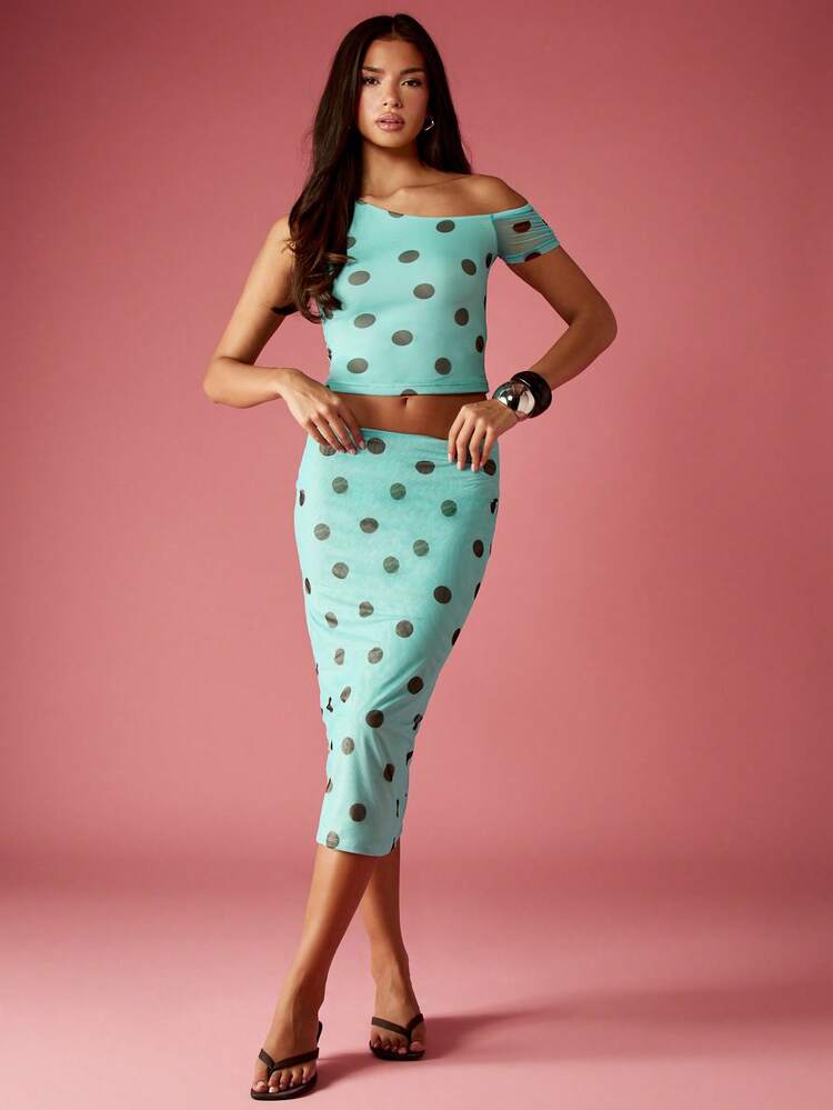 MISSGUIDED 레트로 스타일 물방울 무늬 미디 펜슬 스커트 하와이 여름 해변 휴가 파티 이브닝 캐주얼 웨어