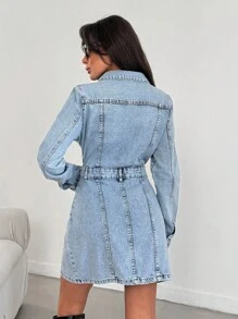 EURMUSE 女式长袖纽扣半襟休闲短款牛仔连衣裙 - 中等水洗藍 - 查看 2
