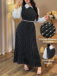 Auvina Váy dài tay cổ bẻ chấm bi thường ngày dành cho nữ - Đen và trắng - Xem 1