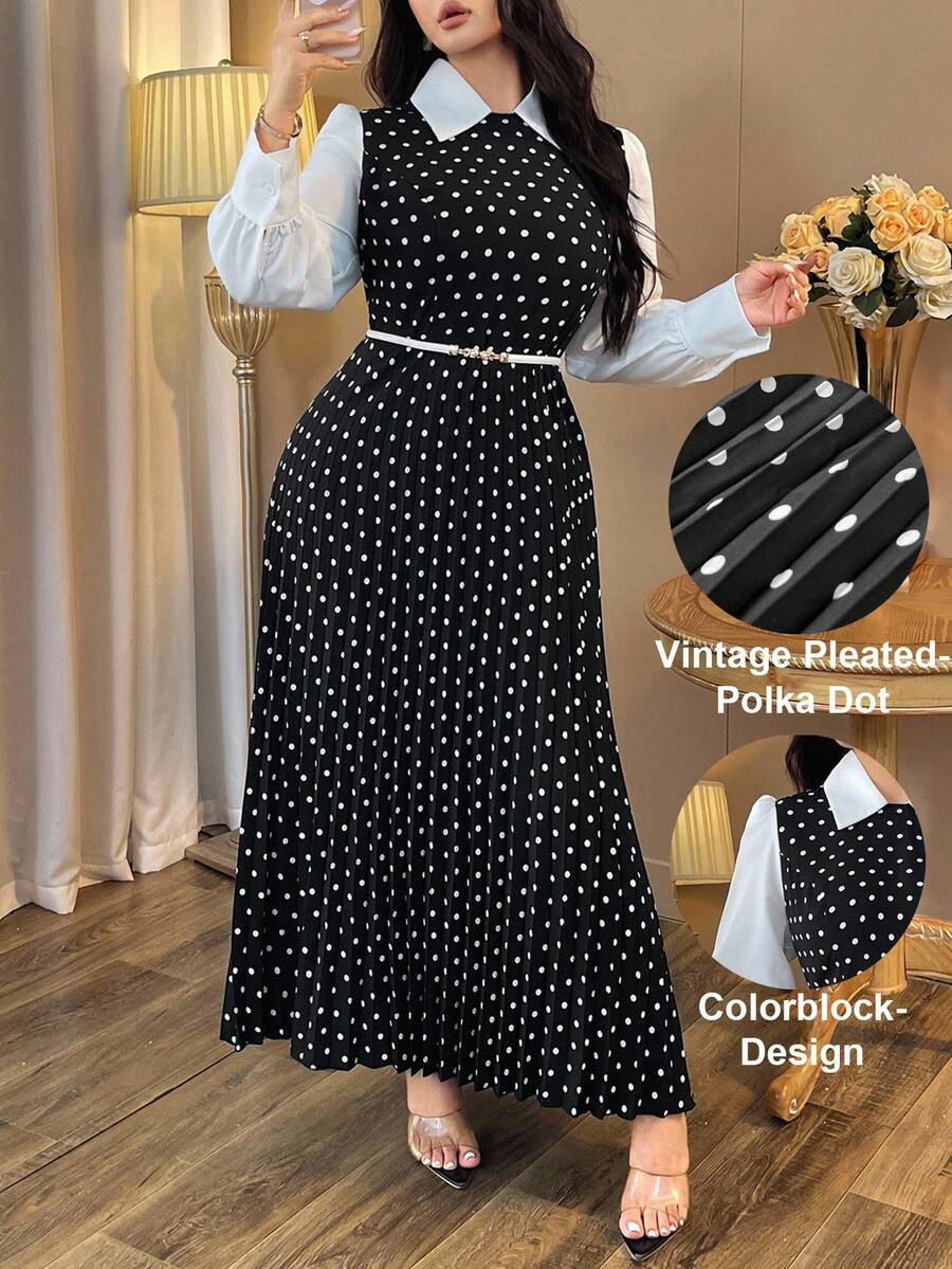 Auvina Váy dài tay cổ bẻ chấm bi thường ngày dành cho nữ - Đen và trắng - Xem 1