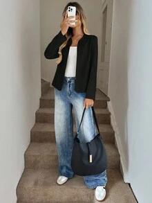 SHEIN LUNE 女式休闲工作夹克，前开襟，小立领和口袋，秋季无领西装外套短款西装外套黑色西装外套女式前开襟西装外套女式西装外套 - 黑色 - 查看 4