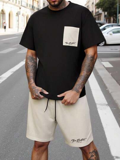 Manfinity Homme Conjunto de camiseta de manga corta de cuello redondo, holgada y casual para hombre de talla grande, para verano