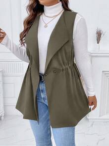 Calvaya Plus Size Solid Color Drawstring Waist Sleeveless Casual Versatile Jacket - Army Green - View 1