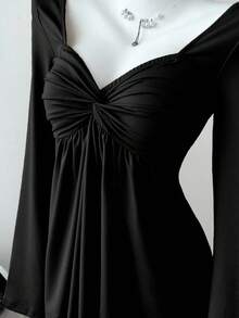 Elamini 女士休闲扭纹前V领长袖T恤，百搭新款，春秋季