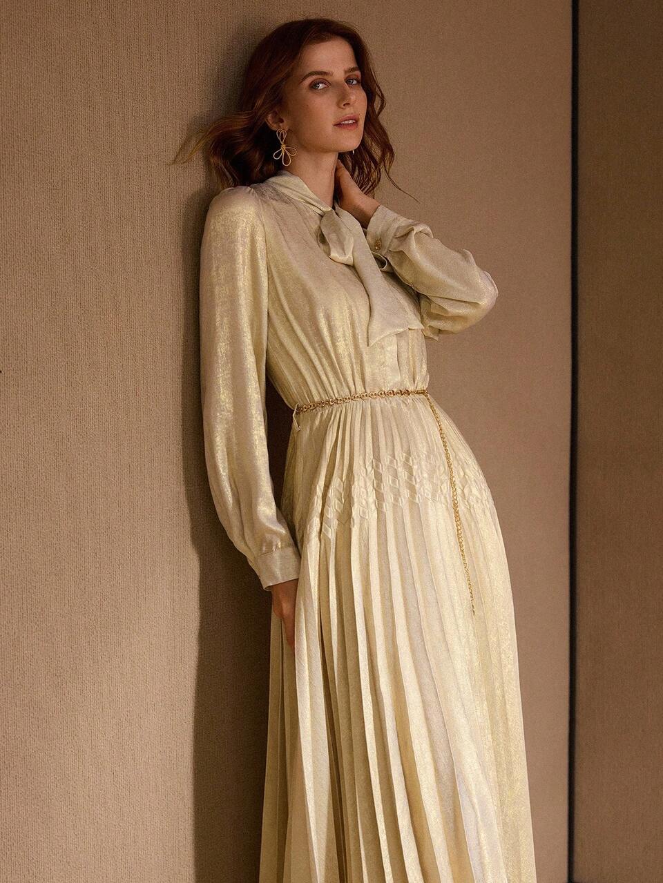 TIE NECK LANTERN SLEEVE PLEATED DRESS WITH CHAIN BELT