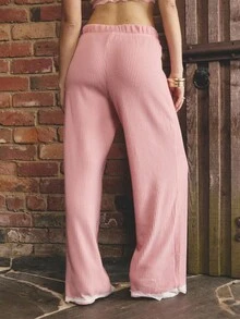 Aralina Sleepwear Fall Winter Cute Cosy Brushed Waffle Wide Leg Lounge Pant With Contrast Lace Trim - Pink - View 1