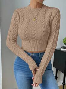 SHEIN Raffinéa Casual Solid Color Fitted Cropped Sweater, Autumn Fall Winter Cloth For Women - Khaki - View 5