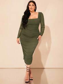 SHEIN BAE Plus Size Fall Black Mutton Sleeve Mesh Gathered Square Collar Elegant Commuter Long Dress - Army Green - View 5