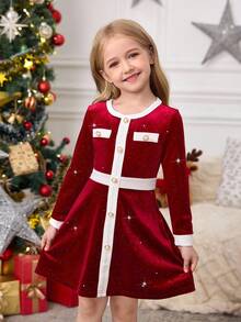 SHEIN Kleine Mädchen Kleid - eine Kombination aus retro, süß, modisch und elegant. Ein glänzendes paillettenverziertes Samtkleid mit kontrastierenden Farbflächen und langen Ärmeln, mit funkelnden herzförmigen Pailletten. Ein lässiges, simples und elegantes Kleid, geeignet für die Hochzeitssaison, damenhaft für Jungen, Herbst- und Winterstil, geeignet für Weihnachten, Partys, den Alltag, Geburtstagskleider, Prinzessinnenoutfits, Schwester-Schwester-Matching-Styles. - Rot - Übersicht 11